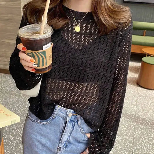 Knitted Long Sleeve Sweaters O-Neck Hollow Out Knit Sweater Pullover