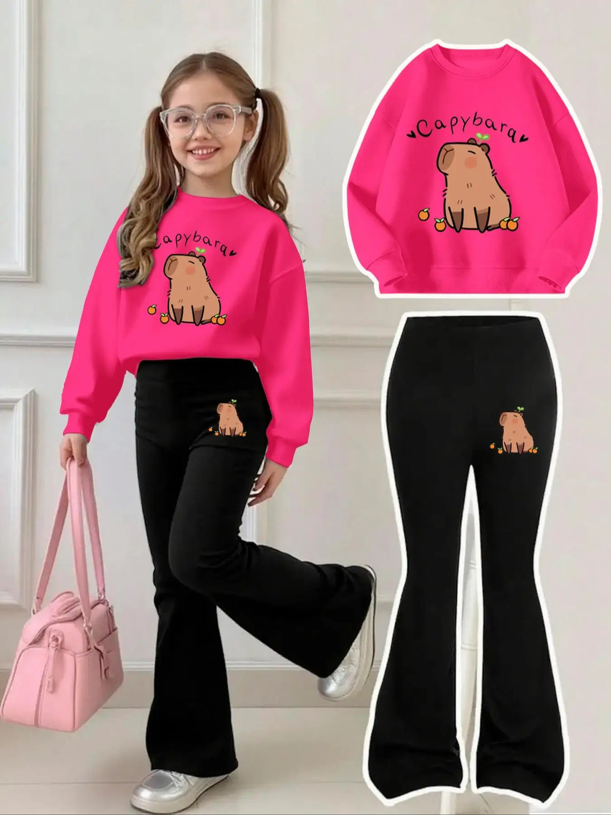 Cute Capybara Sweatshirt and Flared Pants Set for Aged 4-12