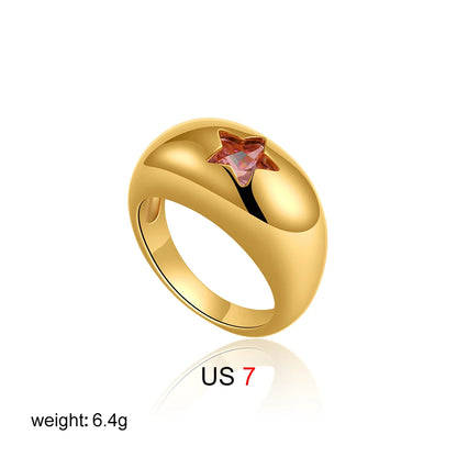 Waterproof 18K Gold Chubby Star Sleek Stainless Steel Pink Zircon Dome Finger Ring