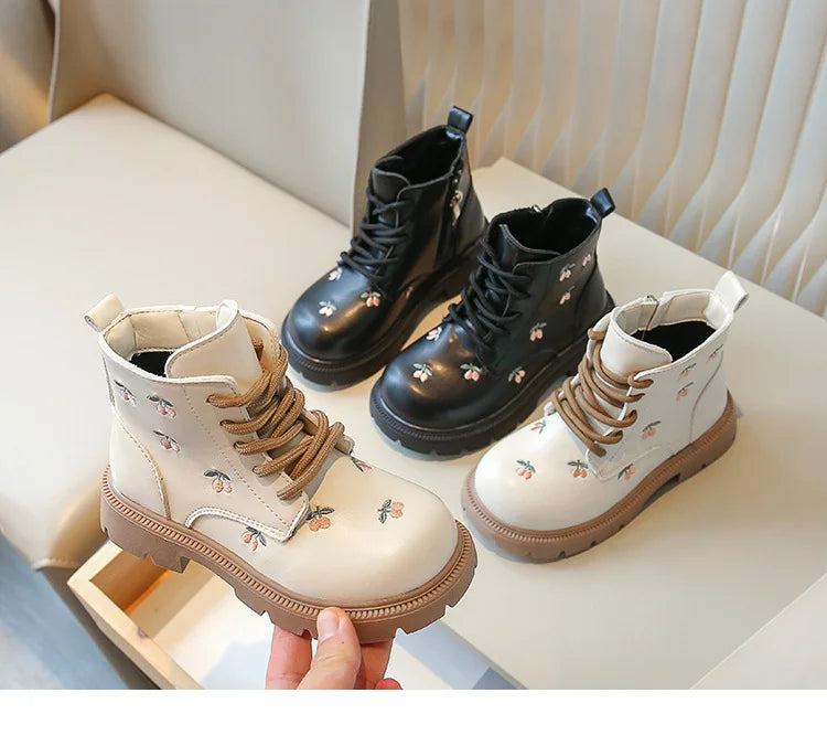 Ankle Sweet Embroider Spring Autumn Leather Boots