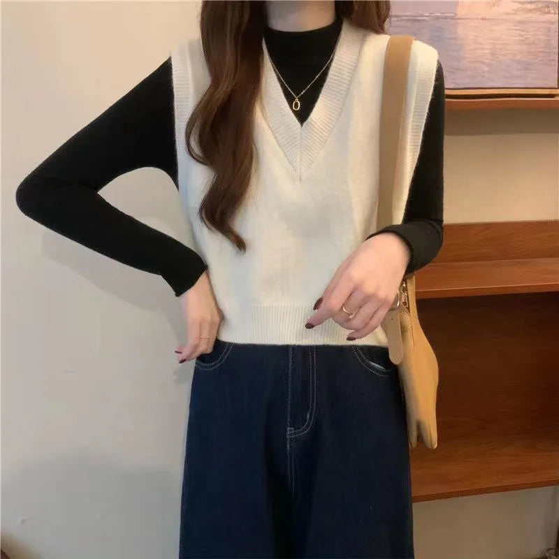 V-neck Knitted Vest Vintage Sleeveless Sweater Waistcoat Korean Chic