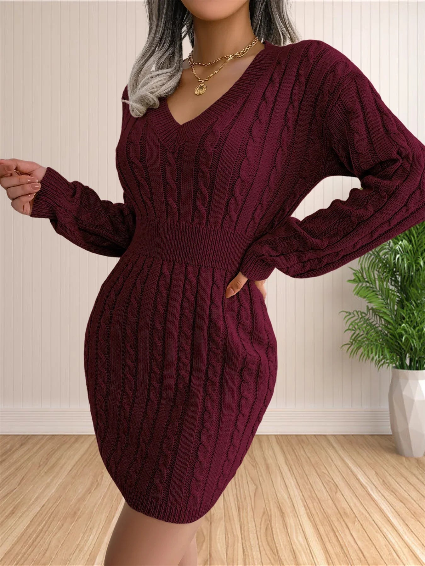 Sweater Cocktail V Neck Knitted Dress