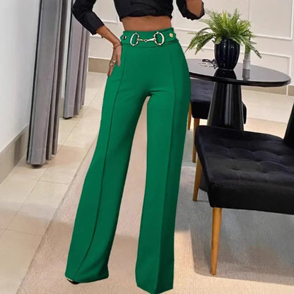 High-Waisted Metal Buckle Straight-Leg Pants