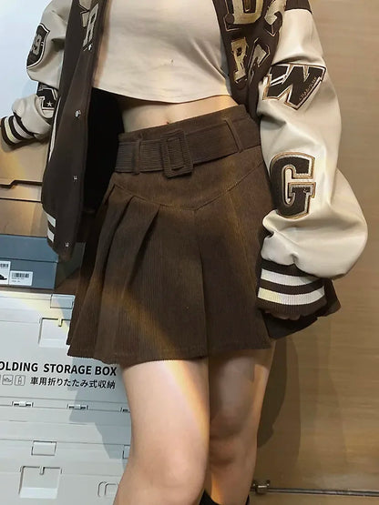 Cord Belted Pleated Texture Corduroy Box Pleat Mini Skirt