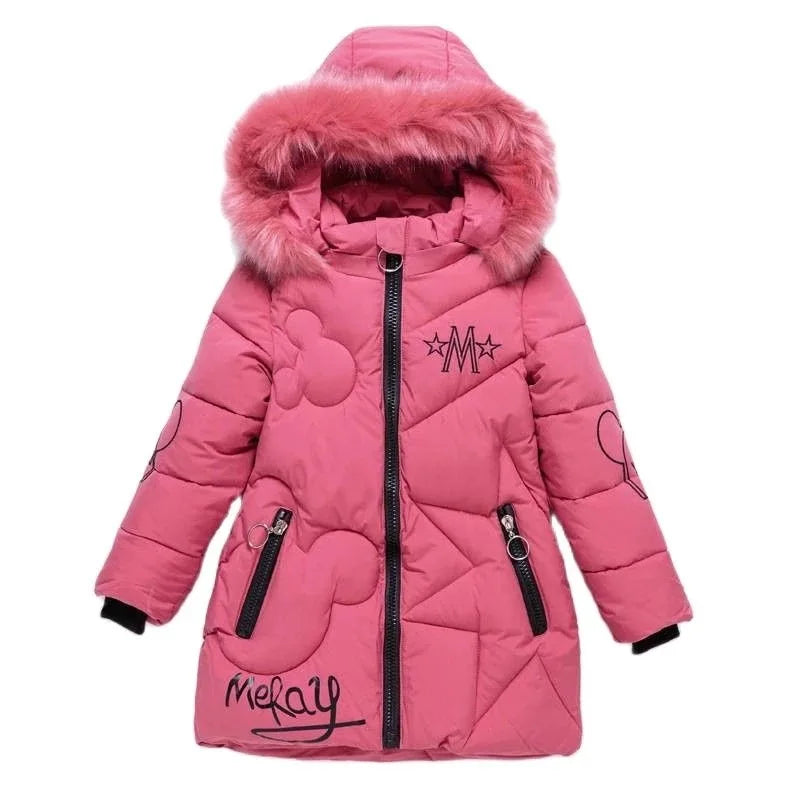 3-12 Years Winter Long Style Letter Velvet Hooded Thick Coat