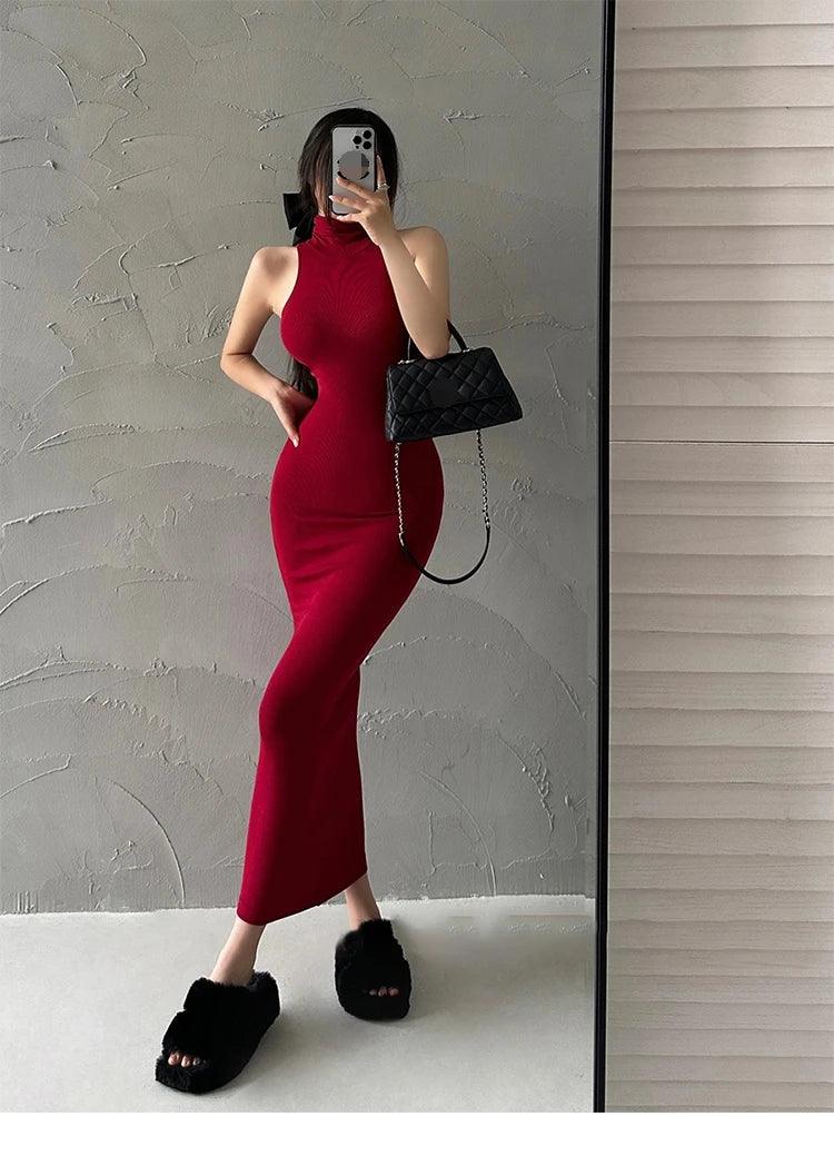 Red Skinny Sexy Midi Dress
