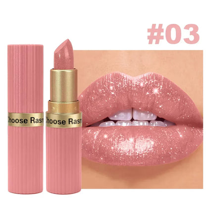 Pearlescent Pink Glitter Velvet Lipstick Metallic Waterproof Makeup Cosmetic