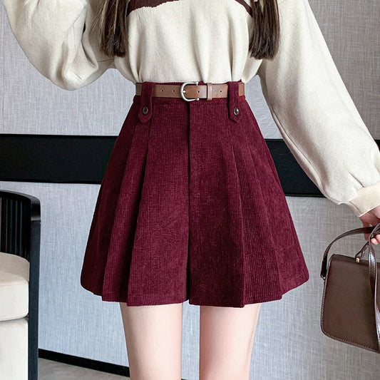 Seoulish Vintage Corduroy High Waist Pockets Pleated Shorts