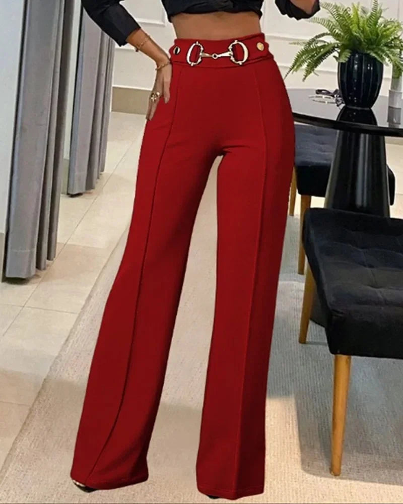 High-Waisted Metal Buckle Straight-Leg Pants