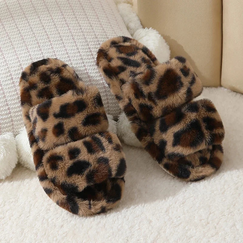 Leopard Pattern Plush Winter Open Toe Soft Sole Fuzzy Warm Faux Fur Slippers