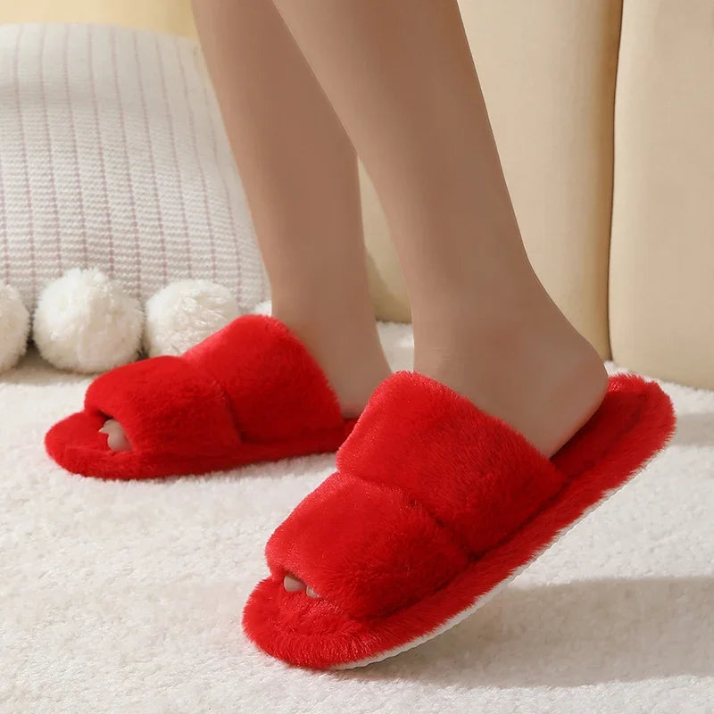 Leopard Pattern Plush Winter Open Toe Soft Sole Fuzzy Warm Faux Fur Slippers