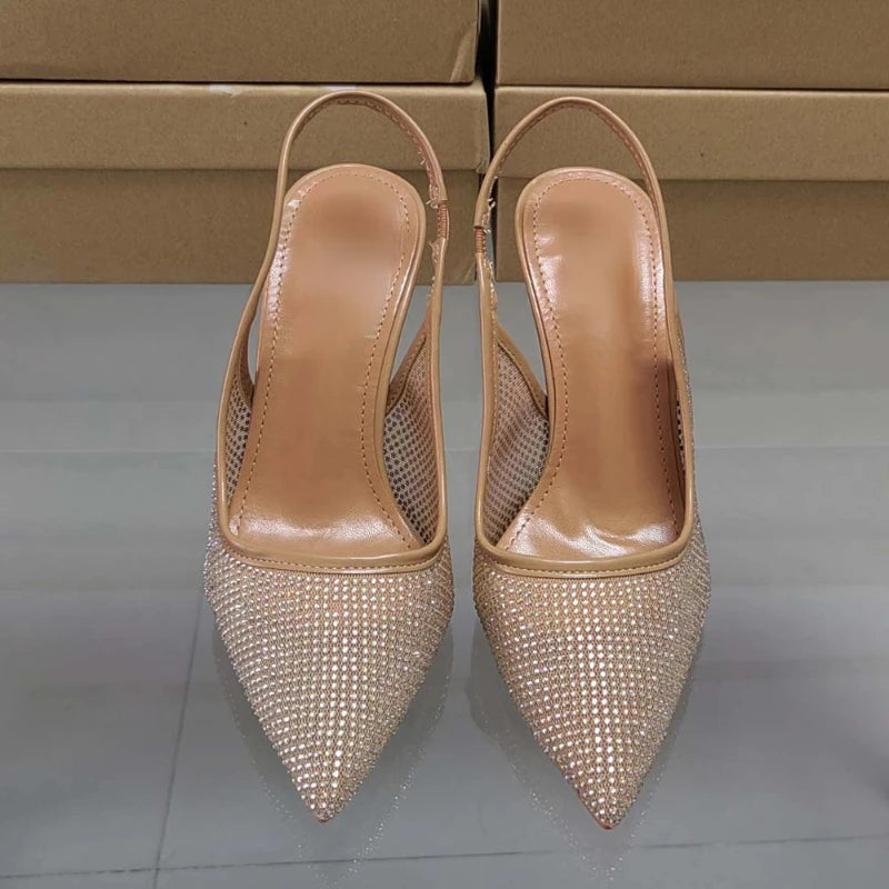 Luxury Pointed Toe Bright Rhinestone Mesh High Heeled Elegant Shoes