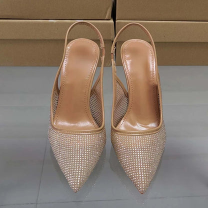 Luxury Pointed Toe Bright Rhinestone Mesh High Heeled Elegant Shoes