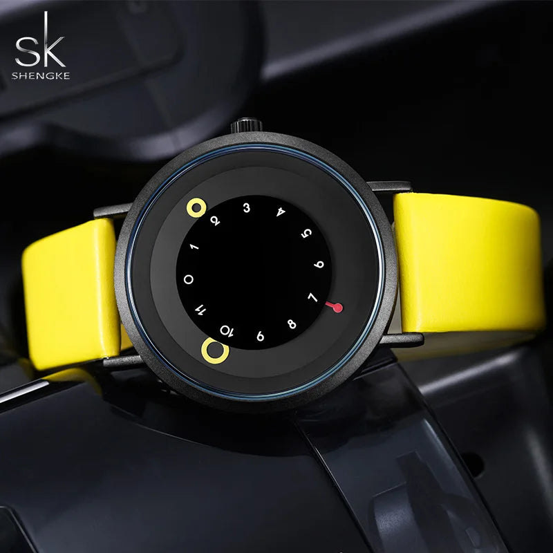 Shengke Creative Yellow Leather Band Wristwatches