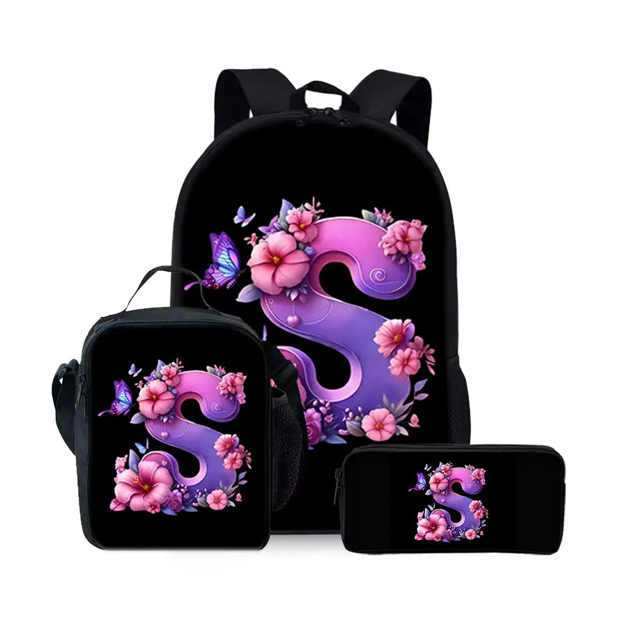 English Alphabet Pattern 2D Flat Cartoon School Backpack Three Piece Set