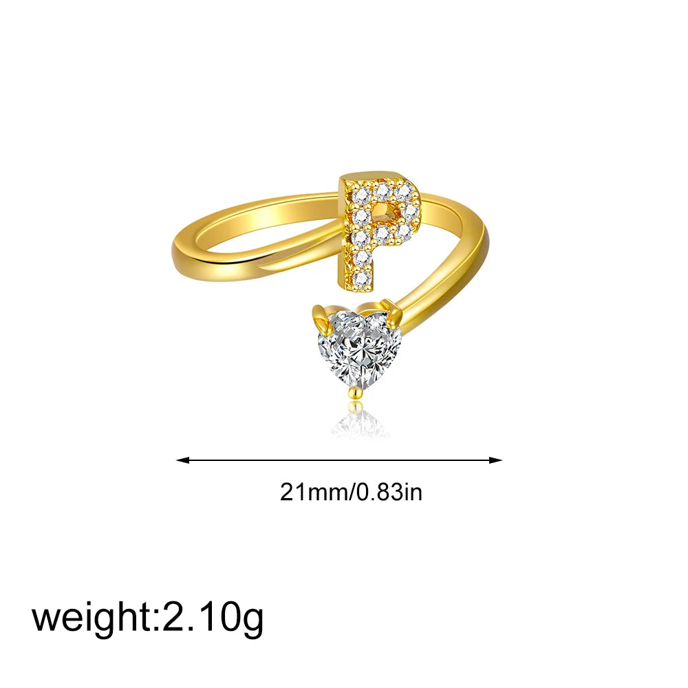 Gold Letter Open Heart Shape Cubic Zirconia  A-Z 26 Letter  Lnitials Rings