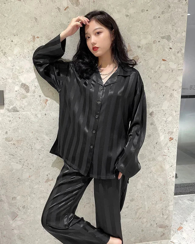 Plus Size Stripes Casual Sweet Loungewear Cardigan Sleepwear Pajama Sets