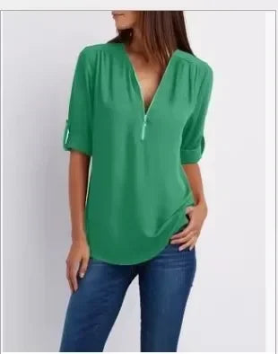 Loose Shirt Deep V Neck Chiffon Blouse