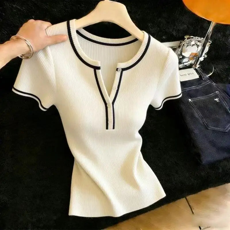 O-Neck Knitted Short Sleeve Knit Sweater Pullover