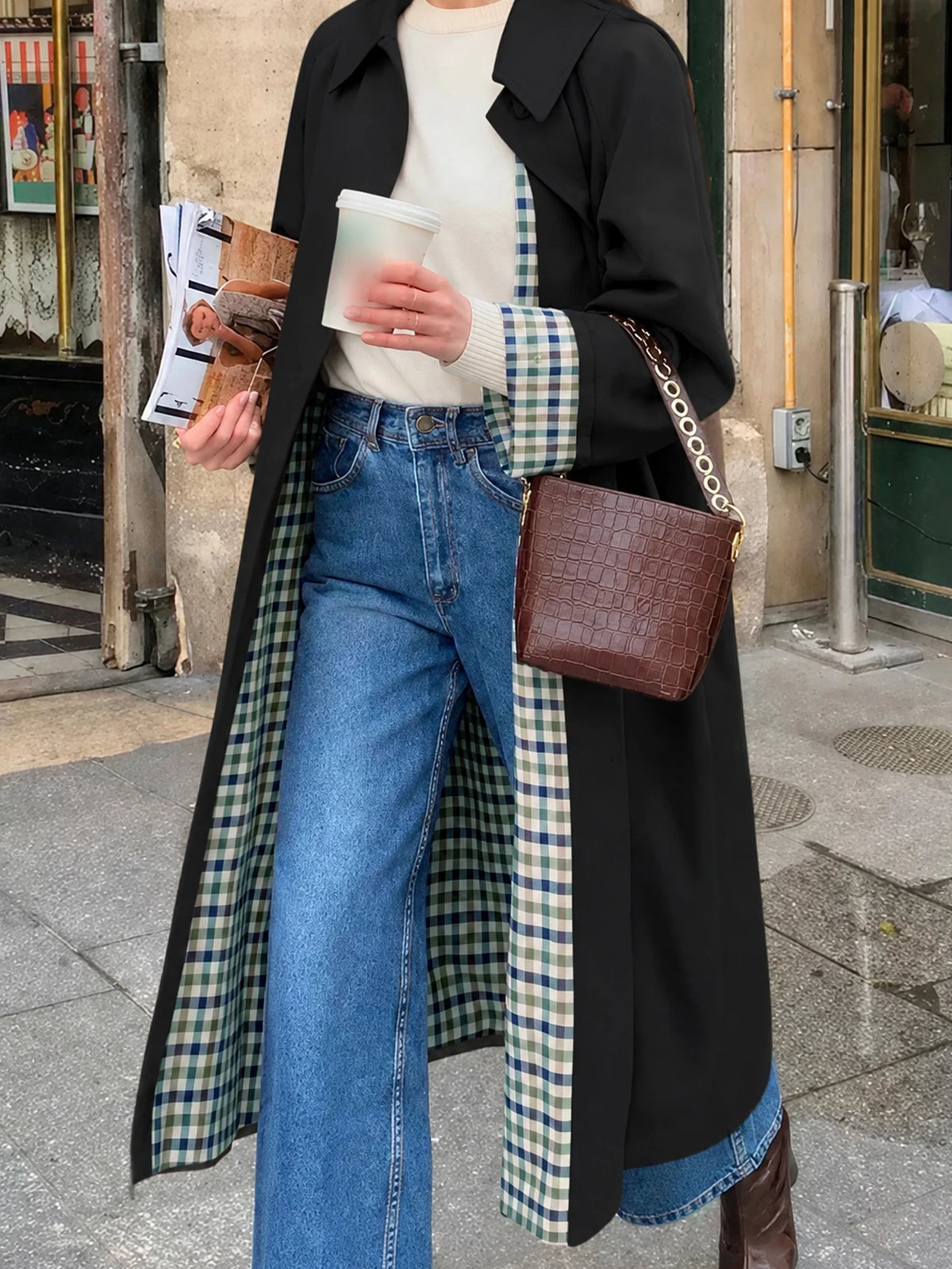 Plaid Lining Solid Trench Coat Single Breasted Long Sleeve Jacket