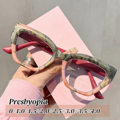 Oversized Flora Printed Large Frame Hyperopia Unisex  Cat Eye Eyeglasses