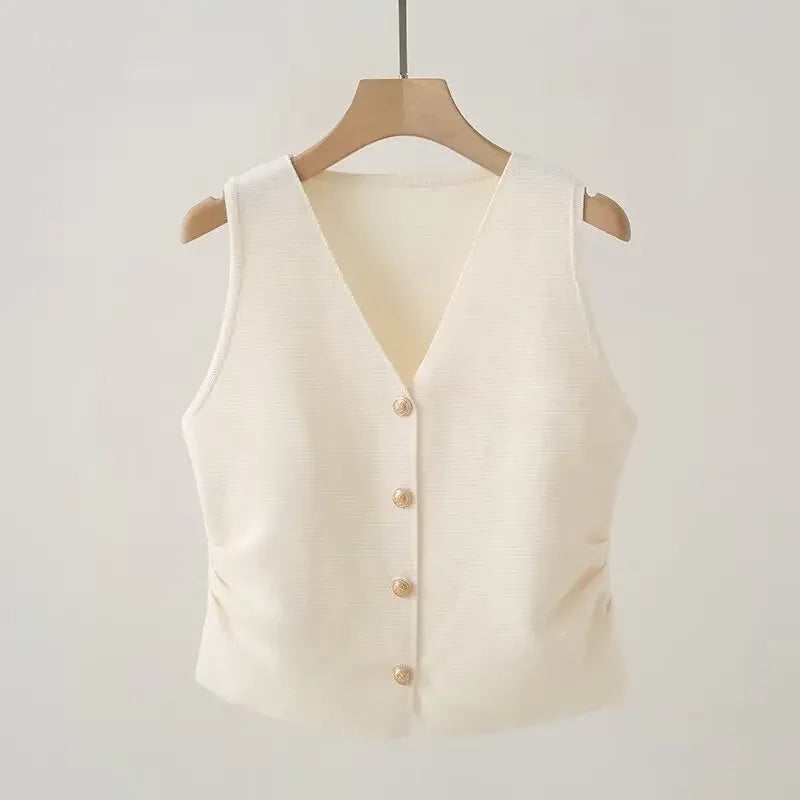 Gold Button Front Vest V-Neck Ruched Waist Sleeveless Knit Jacket