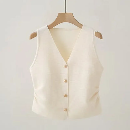 Gold Button Front Vest V-Neck Ruched Waist Sleeveless Knit Jacket