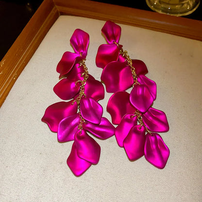 Bohemian Rose Petal Flower Drop Long Tassel Earrings