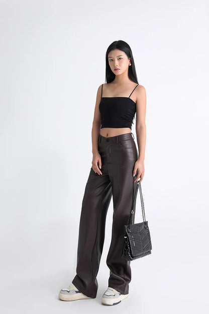Fall Winter Fleece Loose Wide Leg Leather Pants