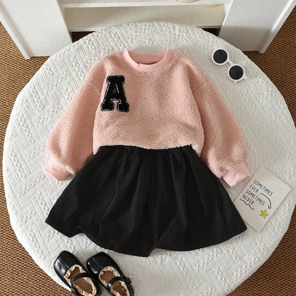 College Style Bow Long Sleeve Plush Top + Short Skirt Sets