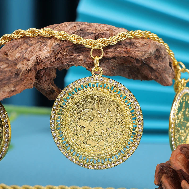 Moroccon Solid Coins Gold Plated With Rhinestone Single Chain Arabic Necklace