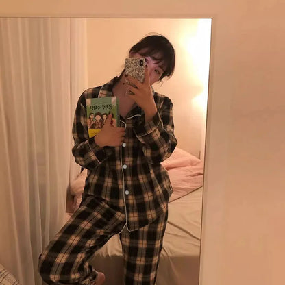 Japanese Casual Thin Style Plaid Lapel Cardigan Pajama Sets