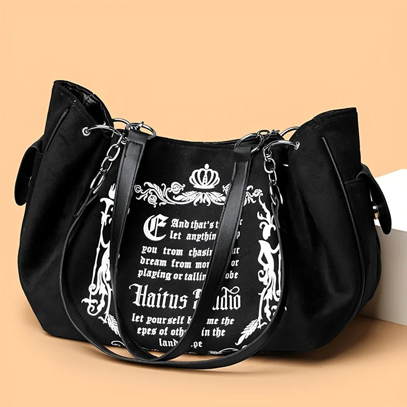 Letter Print Faux Suede Handbag