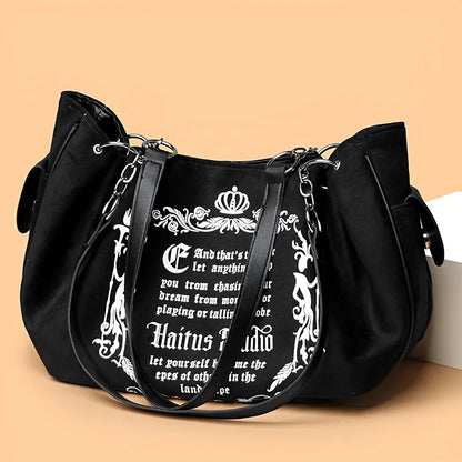 Letter Print Faux Suede Handbag