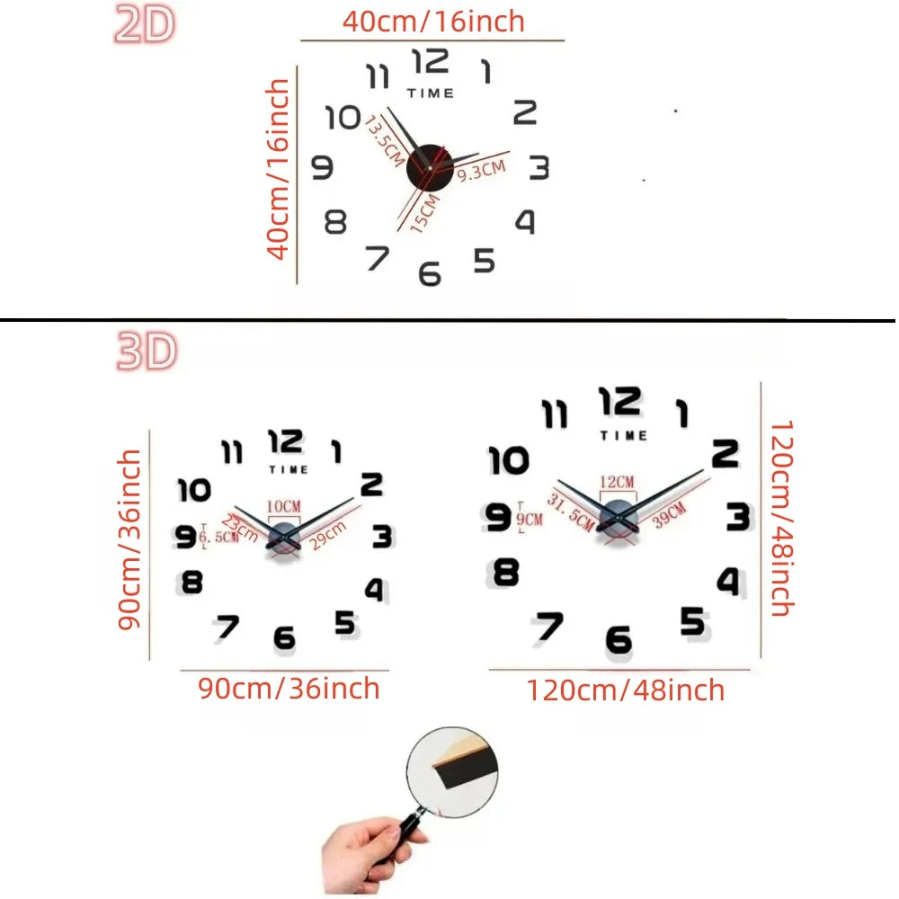 Large Wall Clock 3D DIY Quartz Acrylic Mirror Stickers Clocks