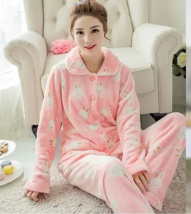 Thickened Flannel Coral Fleece Sleepwear Long Sleeve Pajama Sets