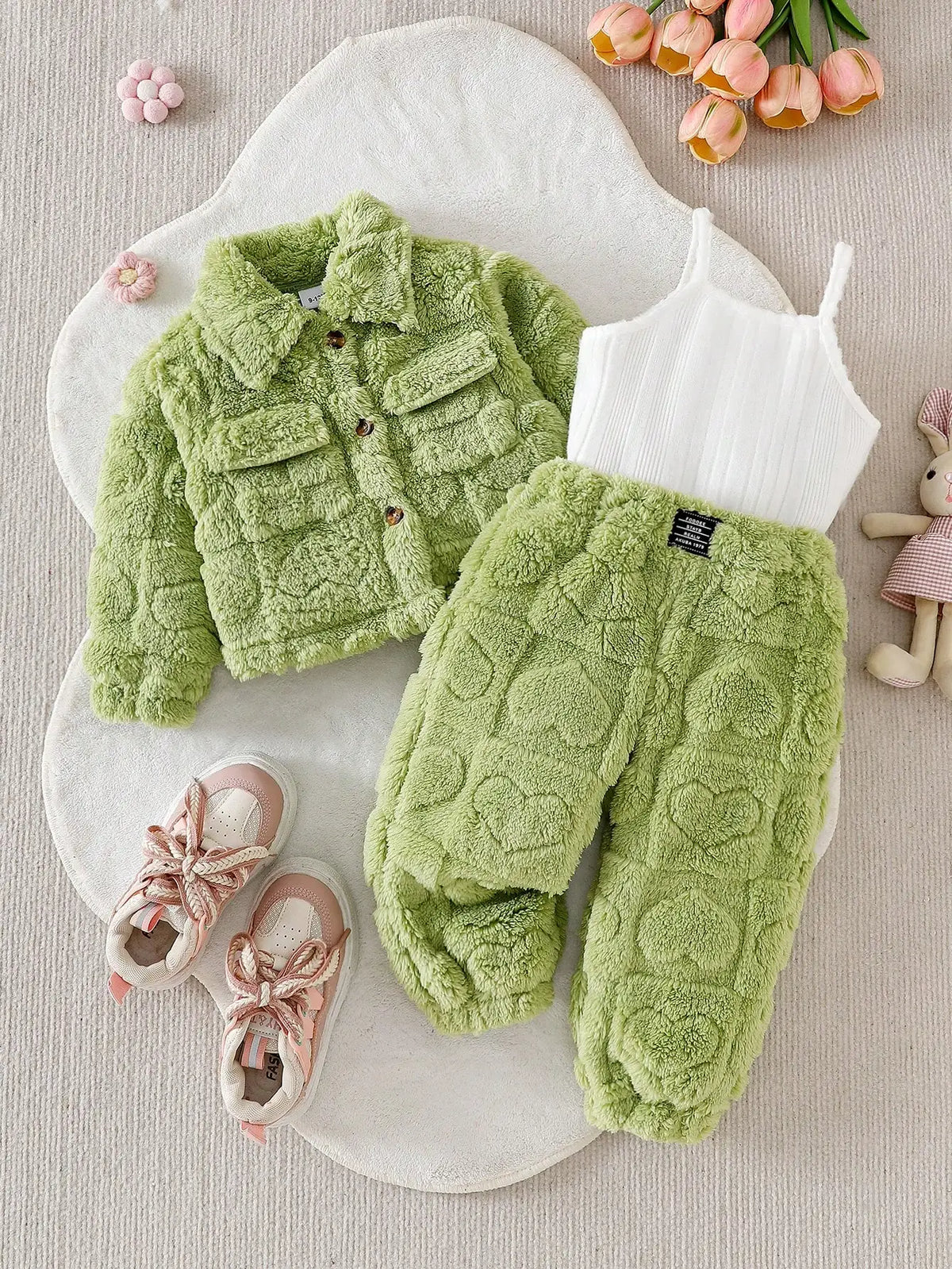 Baby girl casual pink plush long sleeved jacket Set