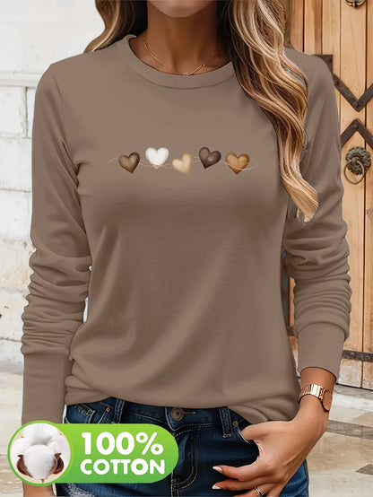 Pure cotton casual heart-shaped long sleeved T-shirt