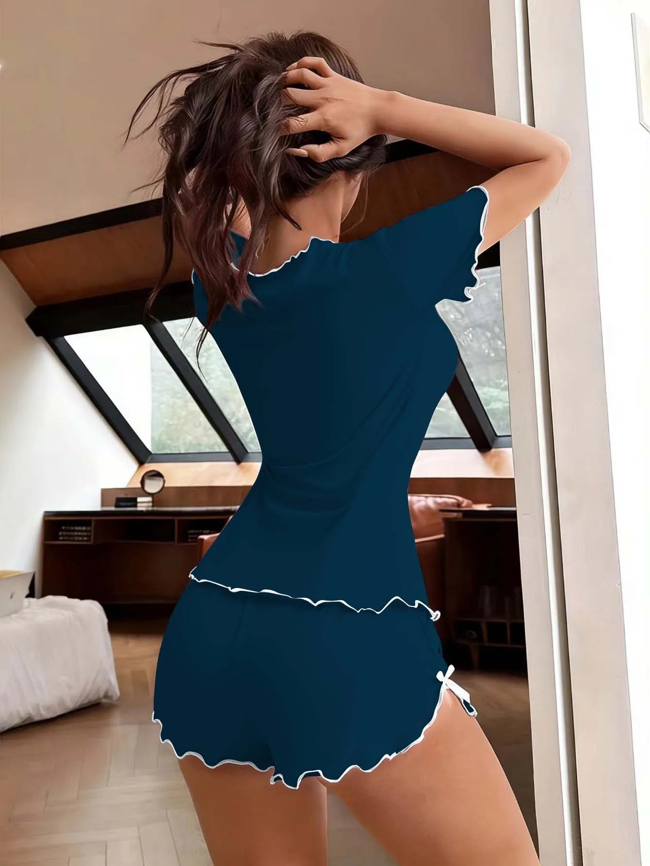 Bow Short Sleeve Top And Shorts Pajamas Set