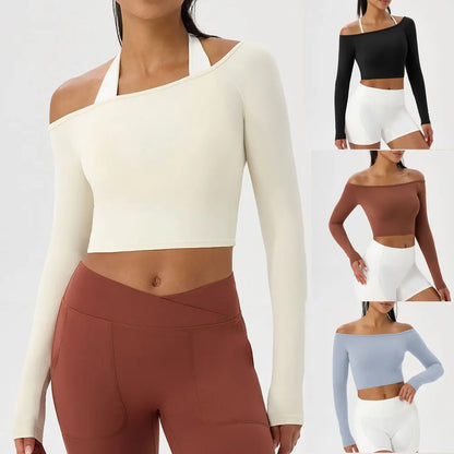 Sexy Off Shoulder Yoga Top Long Sleeve Gym Running Shirt