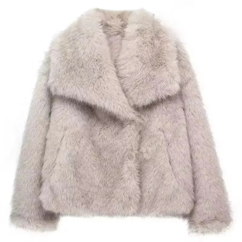 Elegant Faux Fur Warm Fluffy Loose Long Sleeve Lapel Jacket