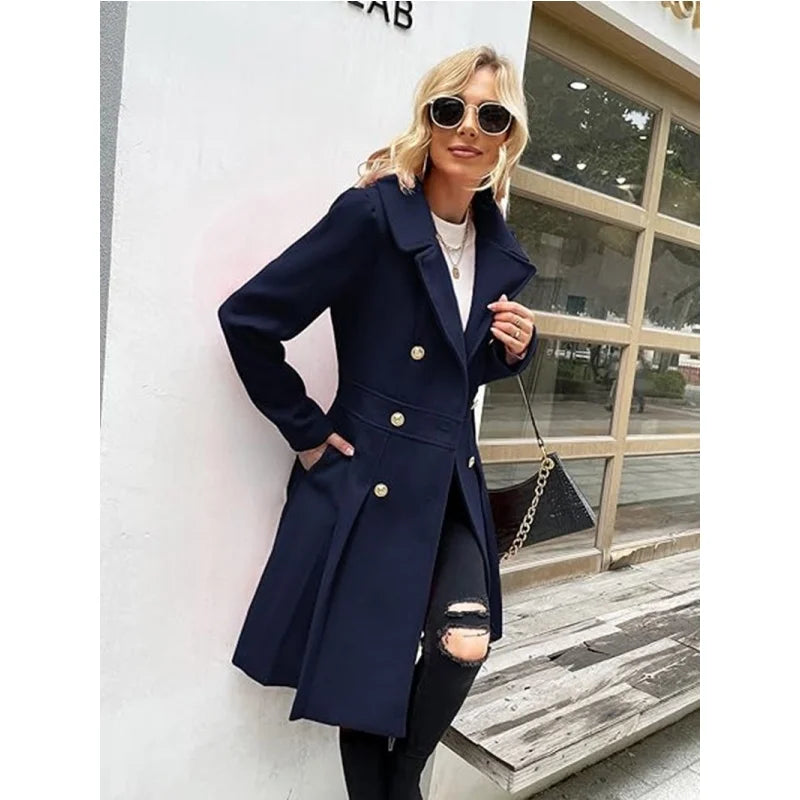 Winter Woolen Trench Coat Skirt Double Breasted Flip Lapel Jacket