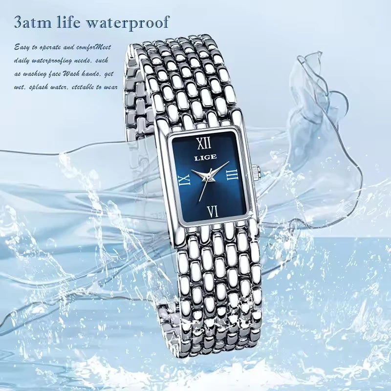 Quartz Silver Simple Square Luxury Stainless Steel Folding Wristwatch