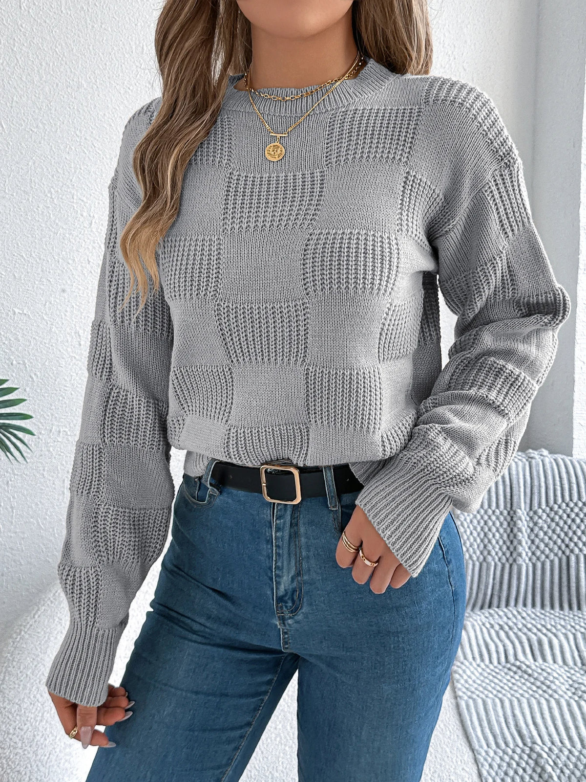 Solid Plaid Round Neck Long Sleeve Knit Cozy Sweaters