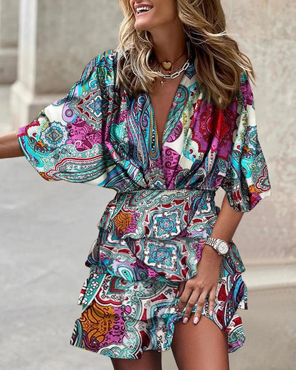 Batwing Sleeve Mini Casual Ruffle Dress