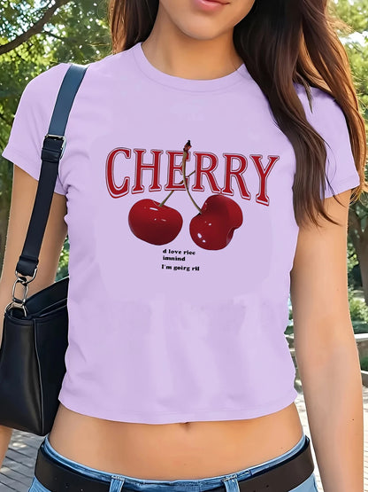 Cherry Print Crew Neck T-shirt Short Sleeve