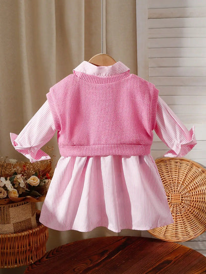 Baby girl embroidered vest and striped long-sleeved shirt dress