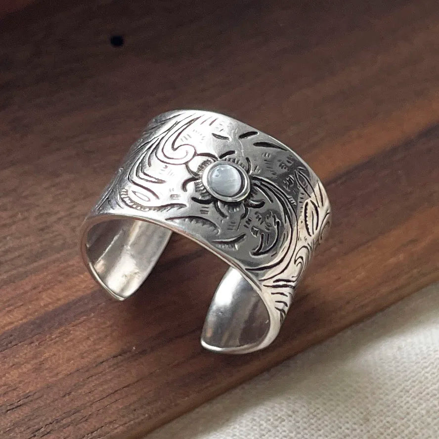 925 Sterling Silver Geometric Adjustable Wide Black Stone Retro Ring