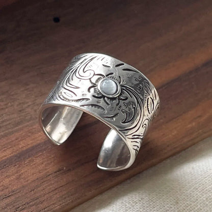 925 Sterling Silver Geometric Adjustable Wide Black Stone Retro Ring