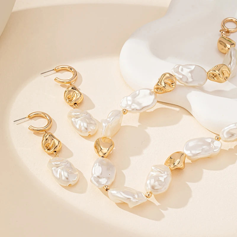 Elegant Palace Style Pearl Necklace Earring Jewelry Set